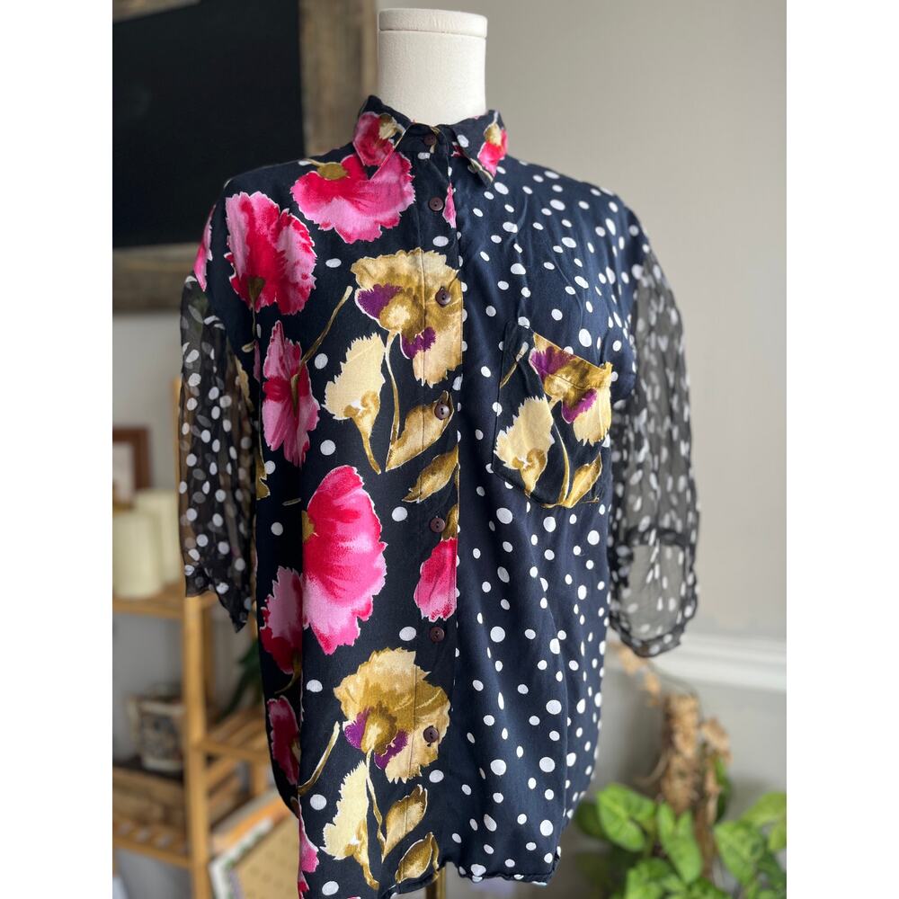 Vintage 90s Short Sleeve Button Down Blouse Floral Polka Dot Size Small
